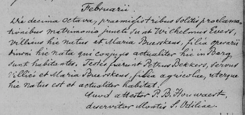 Genealgische bronnen voor stamboomonderzoek, als voorbeeld het huwelijk van Wilhelmus Evers en Maria Buerskens uit het huwelijksregister van Sint-Odiliënberg
